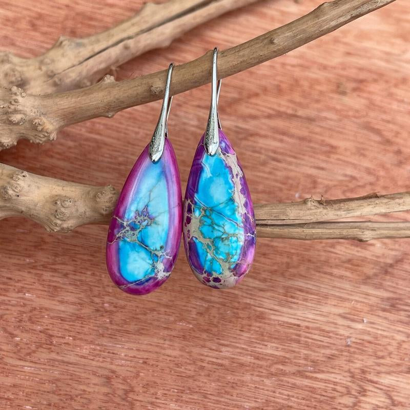 Natural Blue Purple Stone Drop Earrings Teardrop Dangle Earrings, Bohemia Droplet Earrings, Inner Peace Meditation Grounding Earrings Gift for Her