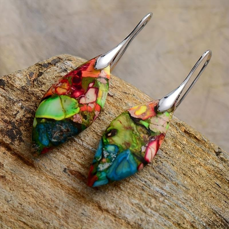Natural Gemstone Leaf Dangle Earrings, Healing Drop Earrings, Bohemia Earrings, Inner Peace Earring Christmas Gift for Her (Random Mixed Color)