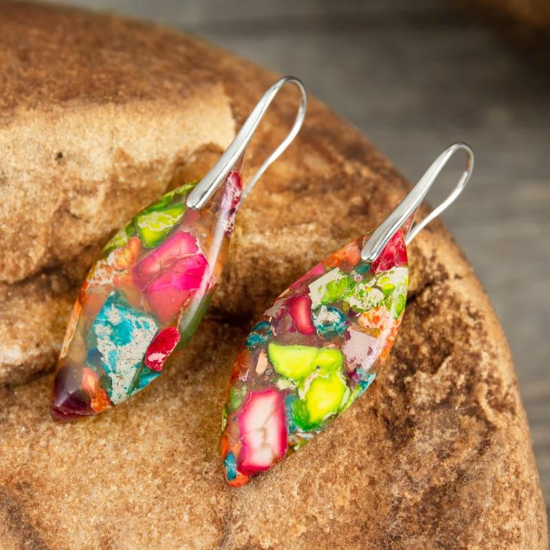 Natural Gemstone Leaf Dangle Earrings, Healing Drop Earrings, Bohemia Earrings, Inner Peace Earring Christmas Gift for Her (Random Mixed Color)