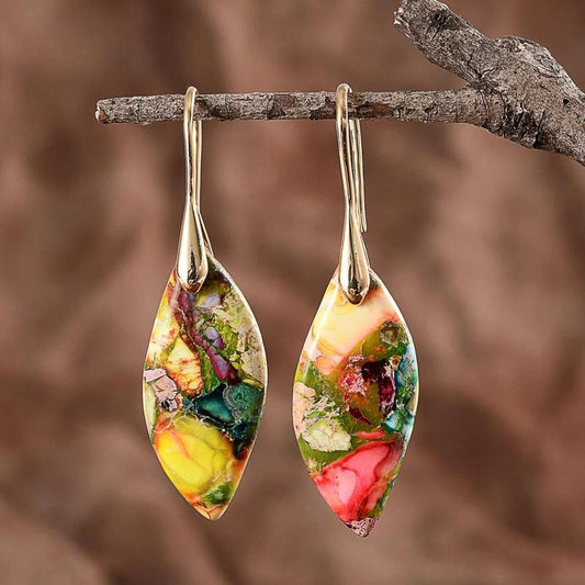 Natural Gemstone Leaf Dangle Earrings, Healing Drop Earrings, Bohemia Earrings, Inner Peace Earring Christmas Gift for Her (Random Mixed Color)
