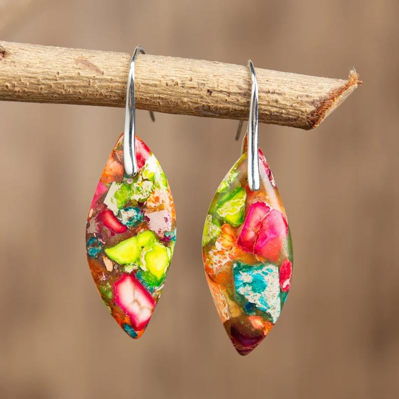 Natural Gemstone Leaf Dangle Earrings, Healing Drop Earrings, Bohemia Earrings, Inner Peace Earring Christmas Gift for Her (Random Mixed Color)