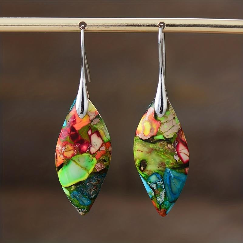 Natural Gemstone Leaf Dangle Earrings, Healing Drop Earrings, Bohemia Earrings, Inner Peace Earring Christmas Gift for Her (Random Mixed Color)