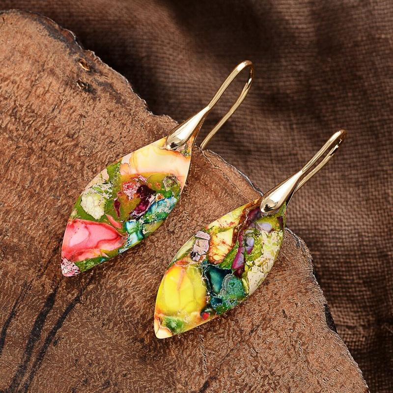 Natural Gemstone Leaf Dangle Earrings, Healing Drop Earrings, Bohemia Earrings, Inner Peace Earring Christmas Gift for Her (Random Mixed Color)